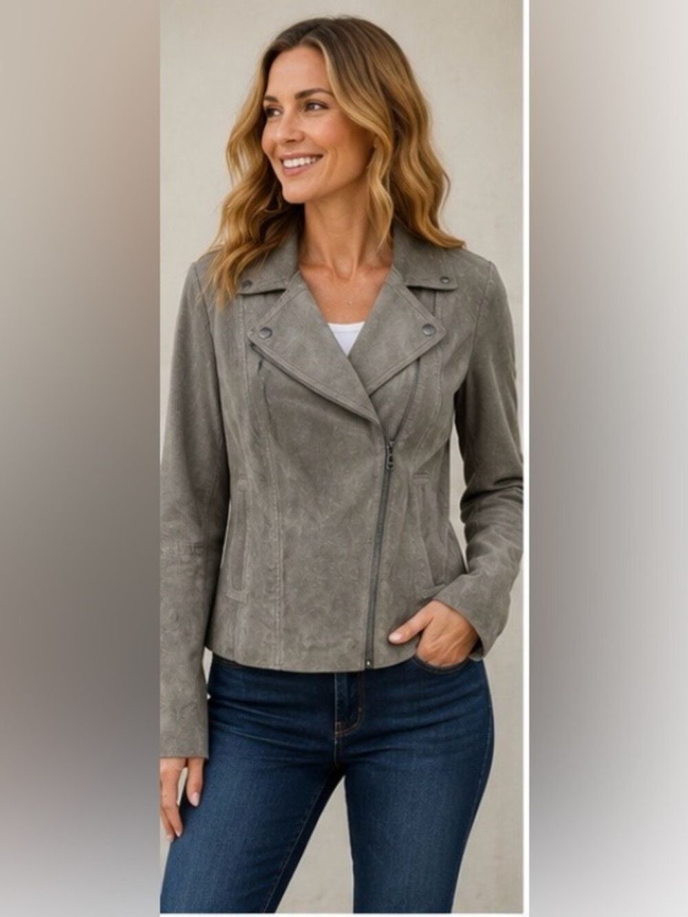 Isaac Mizrahi Live Suede Leather Jacket Grey Size 14 EUC
